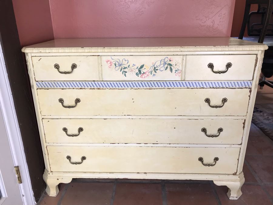 Shabby Chic Hand Painted Mahogany Chest Of Drawers Dresser 47W X 21D X 35H [Photo 1]