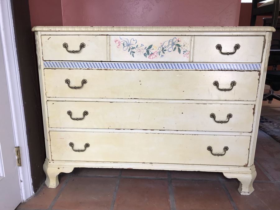 Shabby Chic Hand Painted Mahogany Chest Of Drawers Dresser 47W X 21D X 35H [Photo 3]