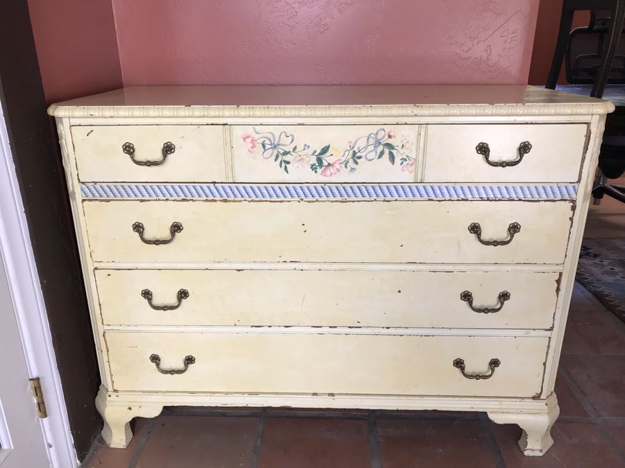 Shabby Chic Hand Painted Mahogany Chest Of Drawers Dresser 47W X 21D X 35H [Photo 4]