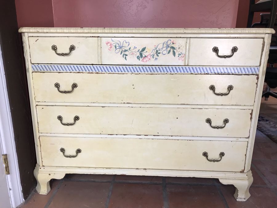 Shabby Chic Hand Painted Mahogany Chest Of Drawers Dresser 47W X 21D X 35H [Photo 2]