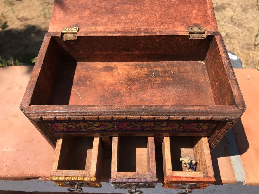 Boho Carved Wooden Box With Fabric And Metal Accents 11W X 7D X 6.5H [Photo 7]