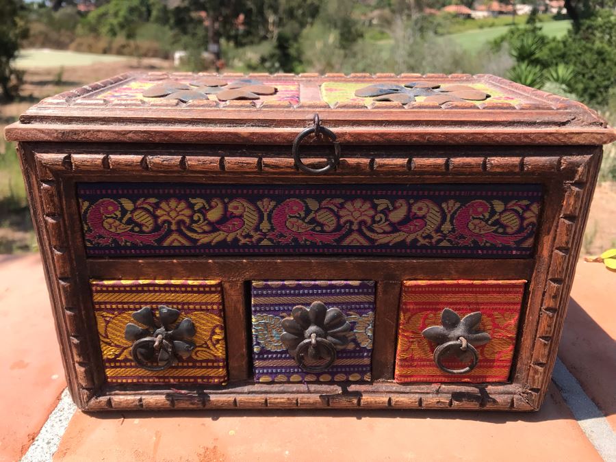 Boho Carved Wooden Box With Fabric And Metal Accents 11W X 7D X 6.5H