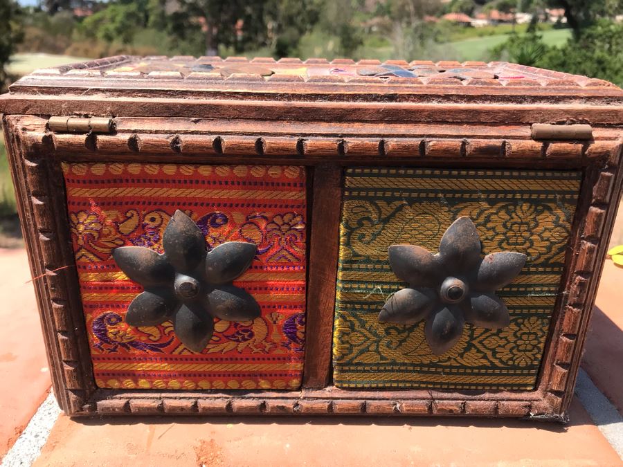 Boho Carved Wooden Box With Fabric And Metal Accents 11W X 7D X 6.5H [Photo 6]
