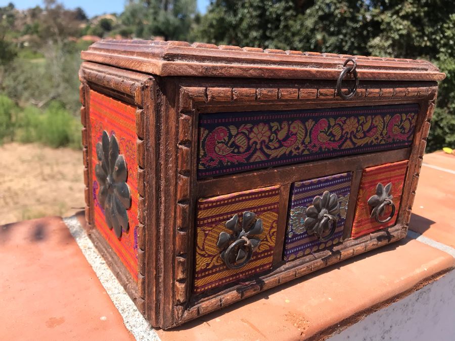 Boho Carved Wooden Box With Fabric And Metal Accents 11W X 7D X 6.5H [Photo 5]