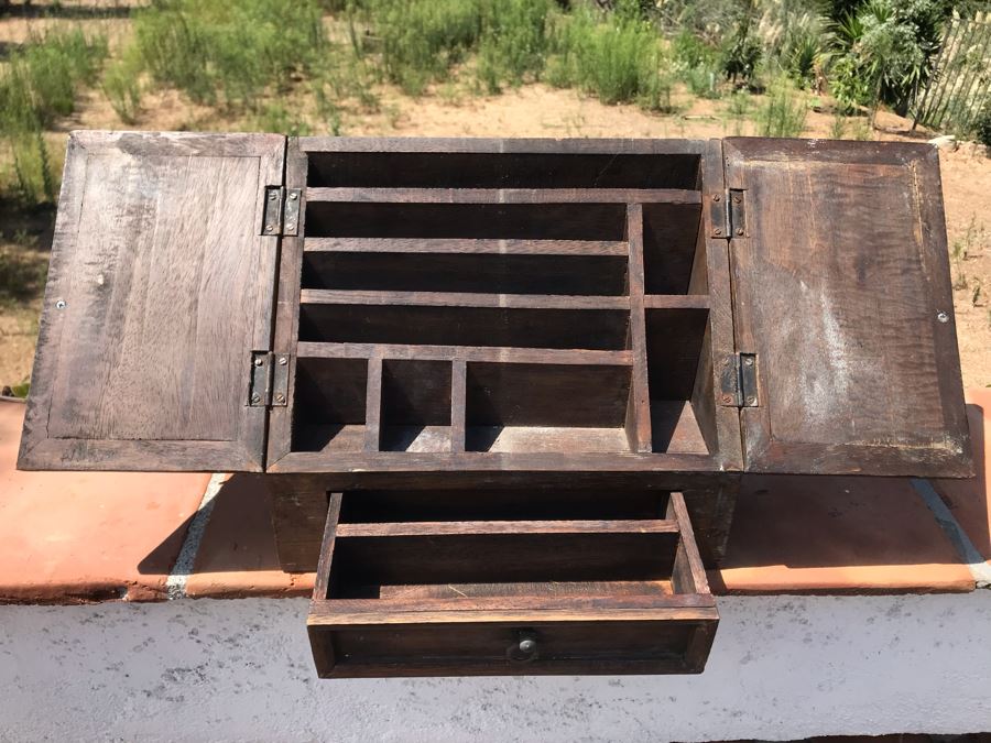 Carved Wooden Slant Top Storage Box With Drawer 13W X 7.5D X 11H [Photo 4]