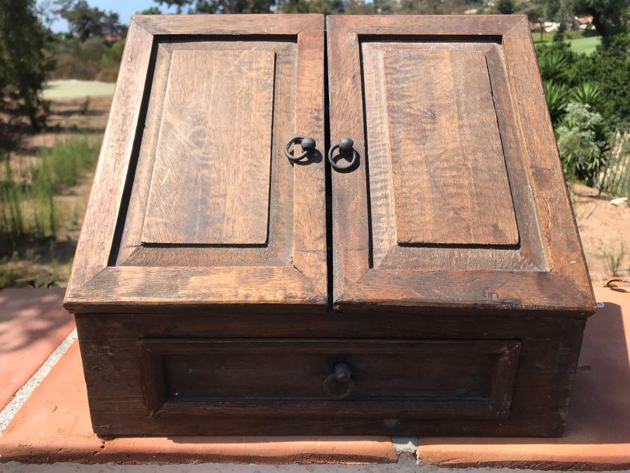 Carved Wooden Slant Top Storage Box With Drawer 13W X 7.5D X 11H [Photo 2]