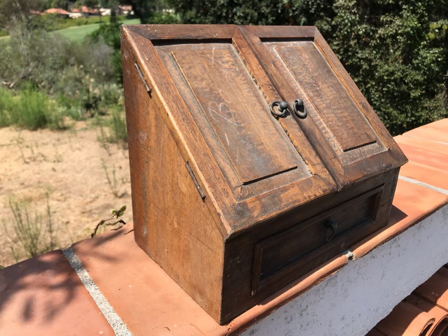 Carved Wooden Slant Top Storage Box With Drawer 13W X 7.5D X 11H [Photo 3]