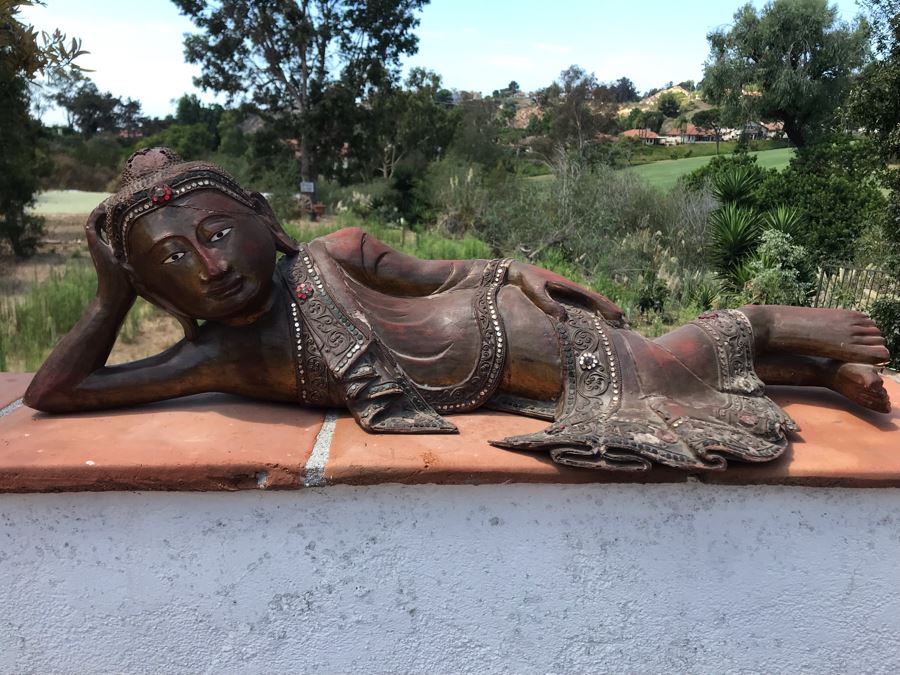 Vintage Carved Wooden Gilded Buddha Sculpture Statute Lying Stance 32W X 12D X 9H [Photo 17]