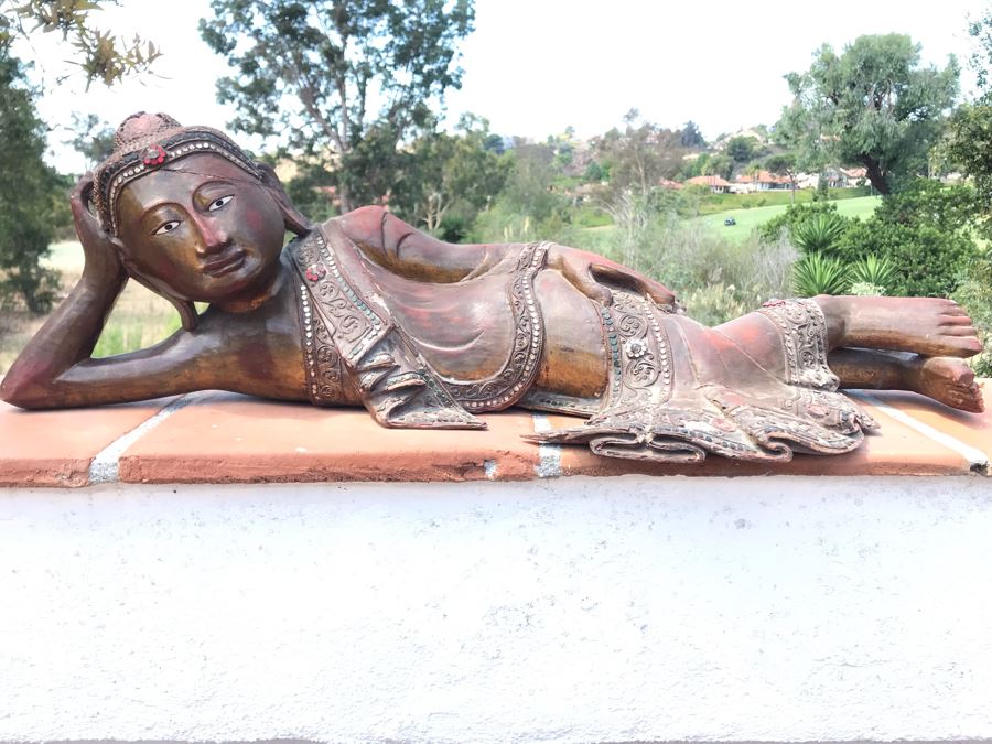 Vintage Carved Wooden Gilded Buddha Sculpture Statute Lying Stance 32W X 12D X 9H [Photo 3]