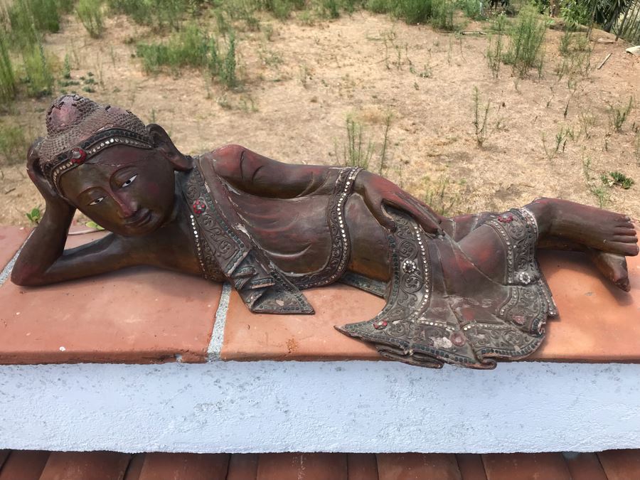 Vintage Carved Wooden Gilded Buddha Sculpture Statute Lying Stance 32W X 12D X 9H [Photo 22]