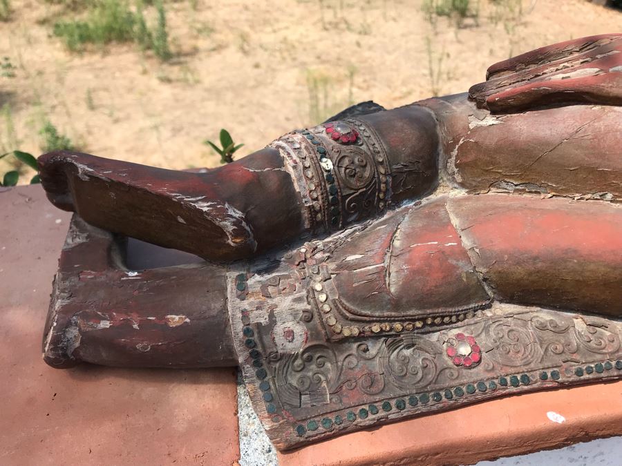 Vintage Carved Wooden Gilded Buddha Sculpture Statute Lying Stance 32W X 12D X 9H [Photo 14]