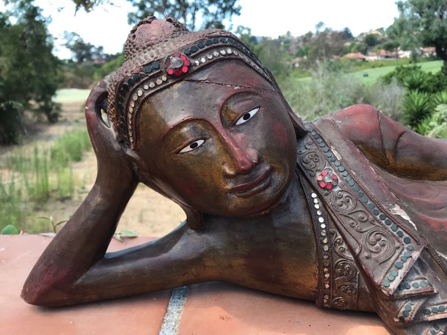 Vintage Carved Wooden Gilded Buddha Sculpture Statute Lying Stance 32W X 12D X 9H [Photo 4]