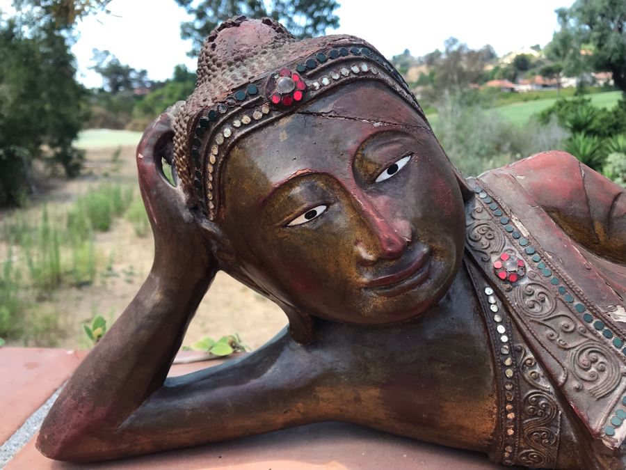Vintage Carved Wooden Gilded Buddha Sculpture Statute Lying Stance 32W X 12D X 9H [Photo 19]