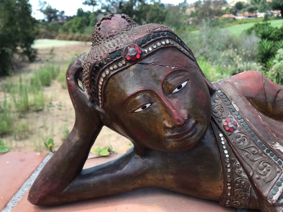 Vintage Carved Wooden Gilded Buddha Sculpture Statute Lying Stance 32W X 12D X 9H [Photo 20]