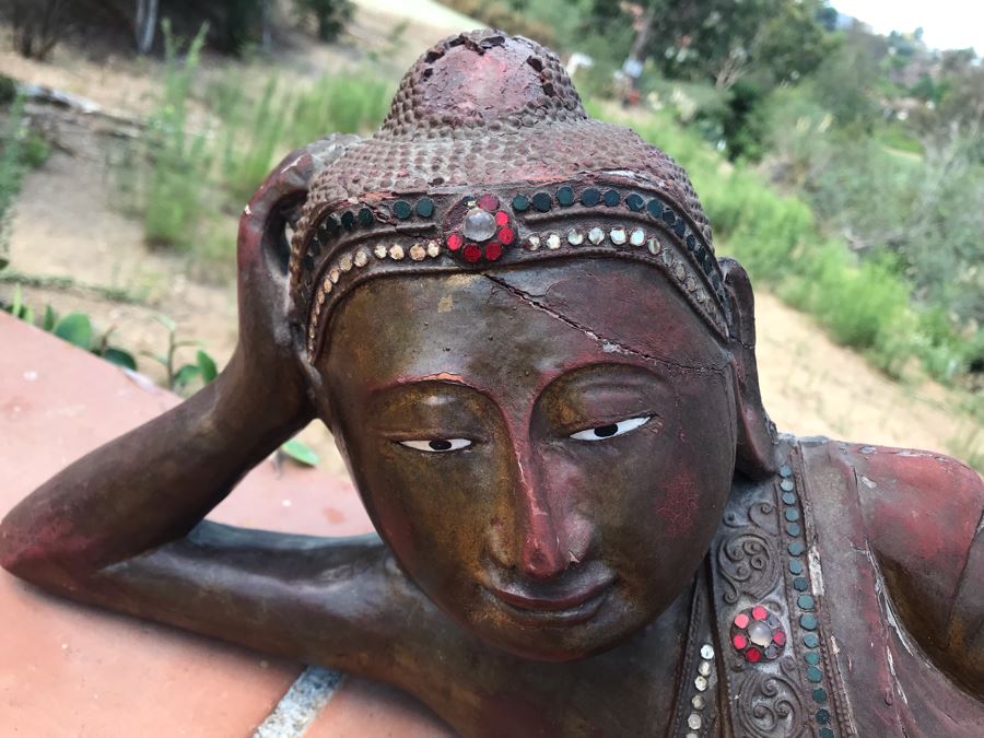 Vintage Carved Wooden Gilded Buddha Sculpture Statute Lying Stance 32W X 12D X 9H [Photo 5]