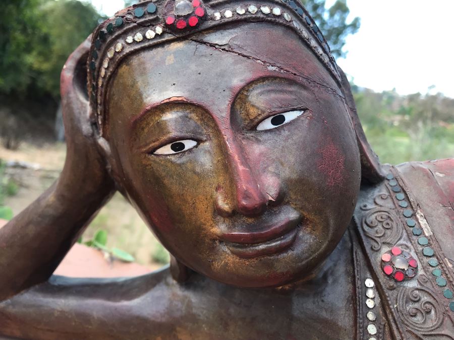 Vintage Carved Wooden Gilded Buddha Sculpture Statute Lying Stance 32W X 12D X 9H [Photo 6]