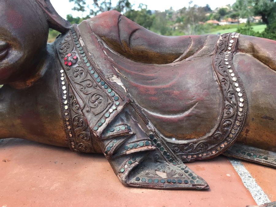Vintage Carved Wooden Gilded Buddha Sculpture Statute Lying Stance 32W X 12D X 9H [Photo 7]