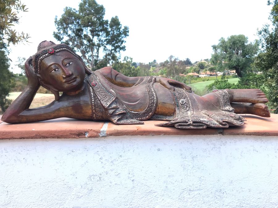 Vintage Carved Wooden Gilded Buddha Sculpture Statute Lying Stance 32W X 12D X 9H [Photo 31]