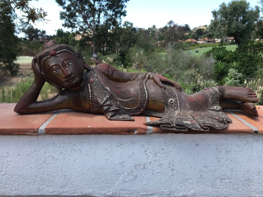 Vintage Carved Wooden Gilded Buddha Sculpture Statute Lying Stance 32W X 12D X 9H [Photo 2]