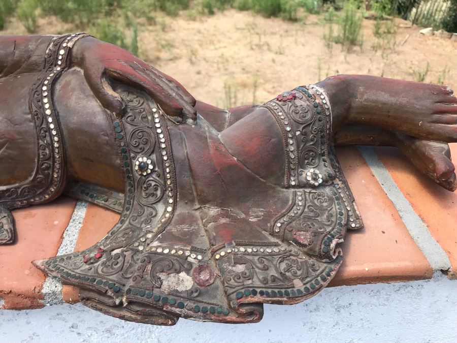 Vintage Carved Wooden Gilded Buddha Sculpture Statute Lying Stance 32W X 12D X 9H [Photo 9]