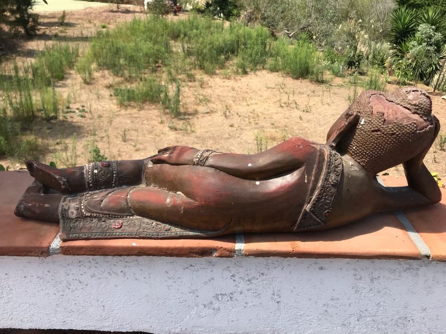 Vintage Carved Wooden Gilded Buddha Sculpture Statute Lying Stance 32W X 12D X 9H [Photo 13]
