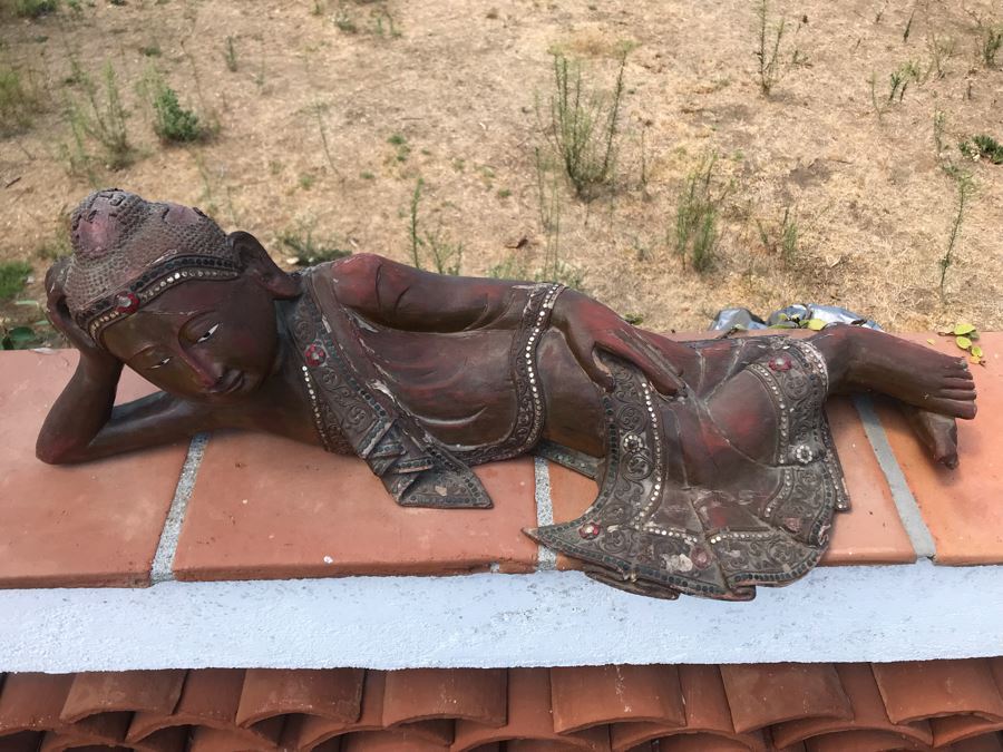 Vintage Carved Wooden Gilded Buddha Sculpture Statute Lying Stance 32W X 12D X 9H [Photo 11]