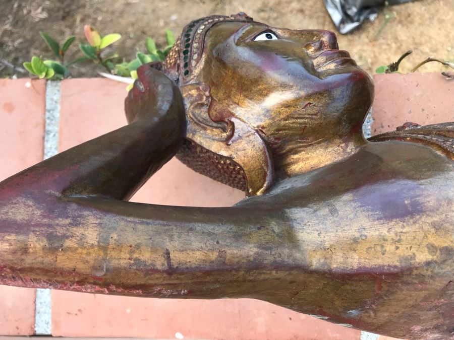 Vintage Carved Wooden Gilded Buddha Sculpture Statute Lying Stance 32W X 12D X 9H [Photo 26]