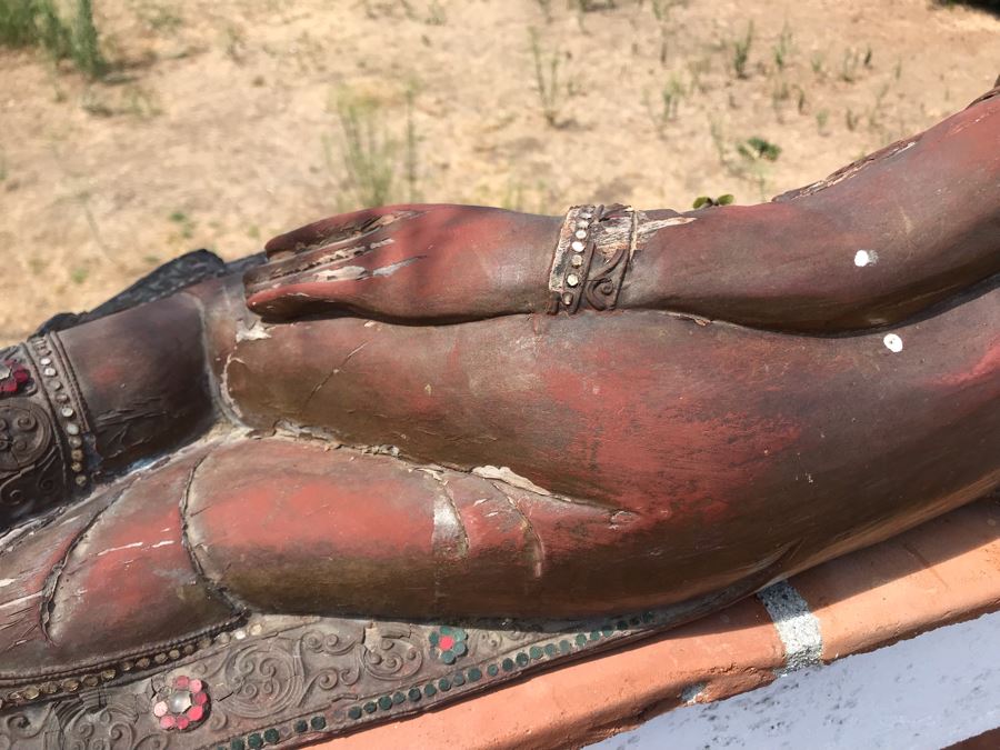 Vintage Carved Wooden Gilded Buddha Sculpture Statute Lying Stance 32W X 12D X 9H [Photo 15]