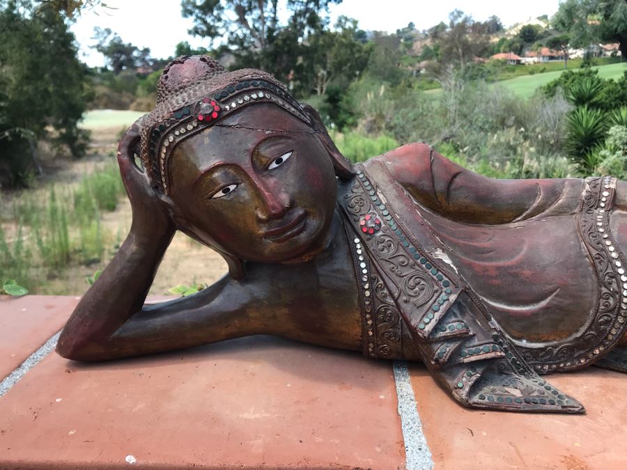Vintage Carved Wooden Gilded Buddha Sculpture Statute Lying Stance 32W X 12D X 9H [Photo 21]