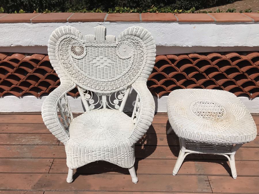 Vintage White Wicker Armchair With Wicker Side Table [Photo 3]