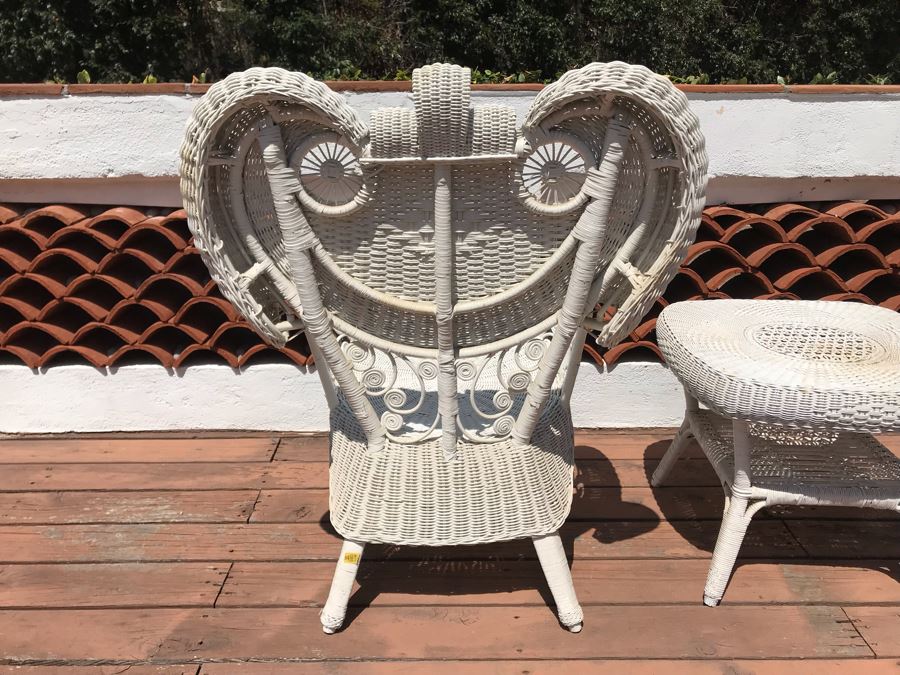 Vintage White Wicker Armchair With Wicker Side Table [Photo 9]