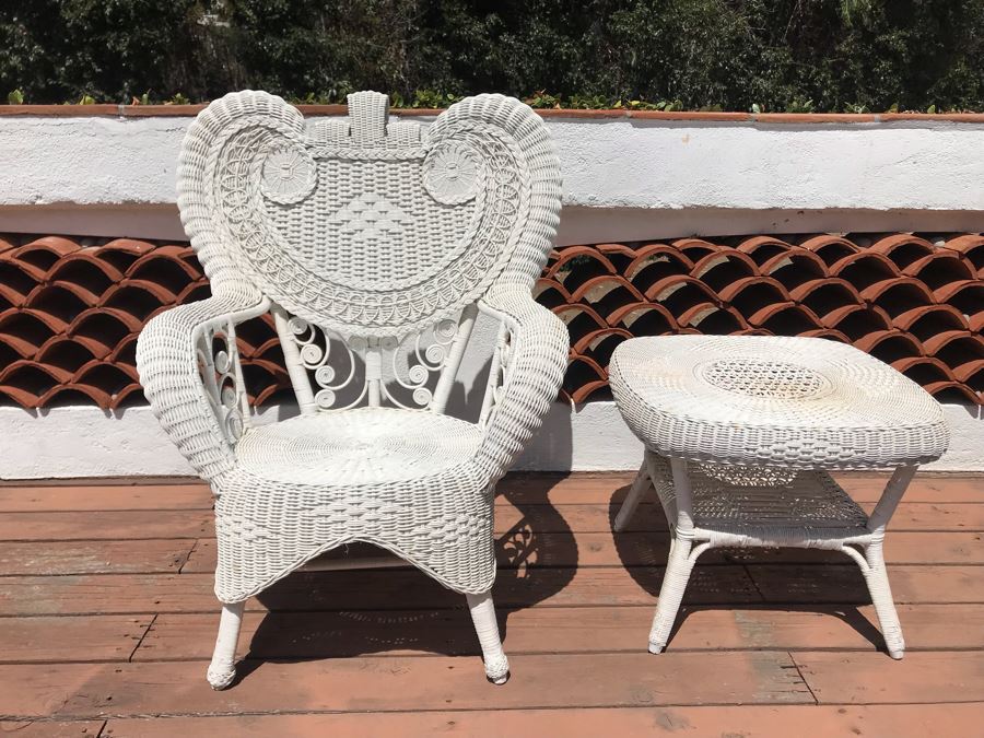 Vintage White Wicker Armchair With Wicker Side Table [Photo 2]