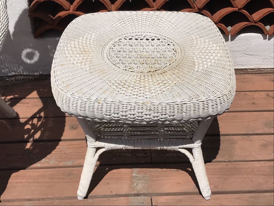 Vintage White Wicker Armchair With Wicker Side Table [Photo 6]