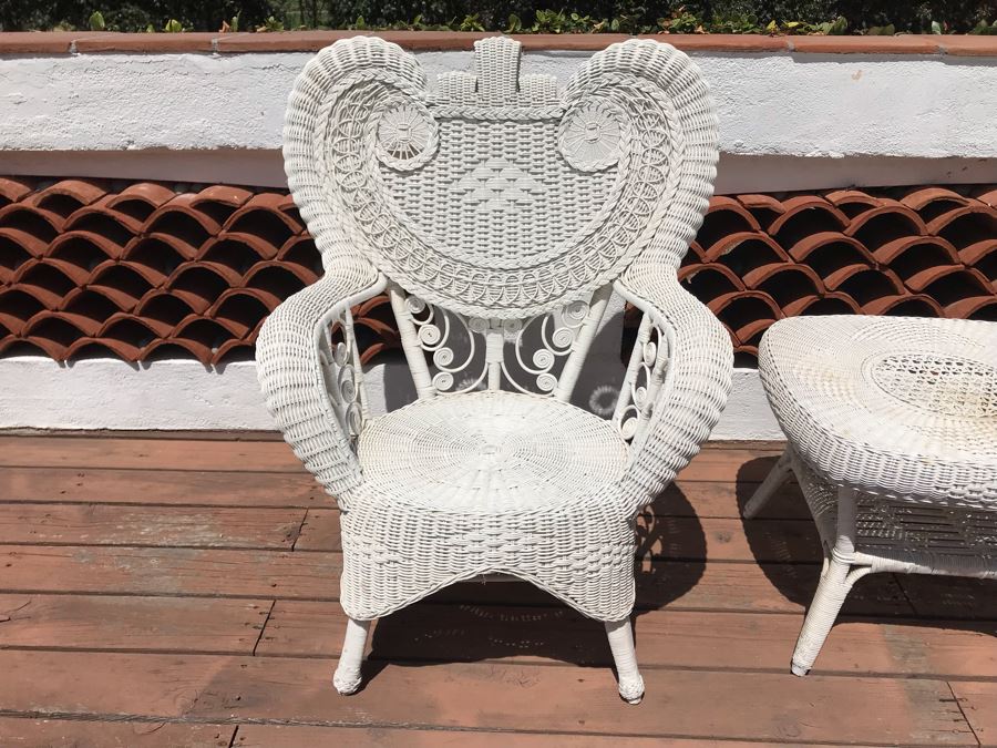 Vintage White Wicker Armchair With Wicker Side Table [Photo 4]