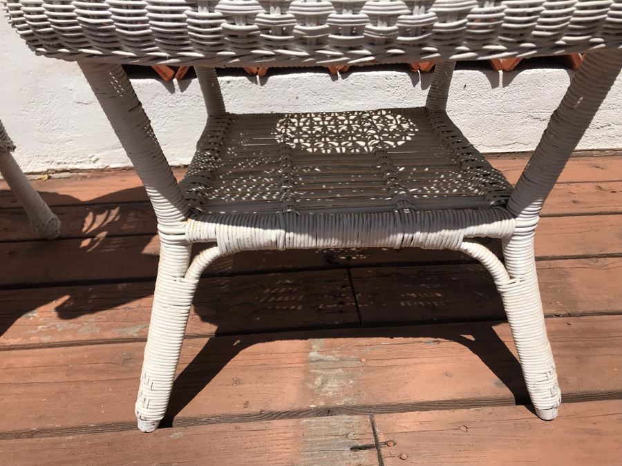 Vintage White Wicker Armchair With Wicker Side Table [Photo 10]
