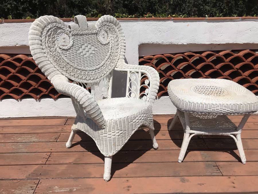 Vintage White Wicker Armchair With Wicker Side Table