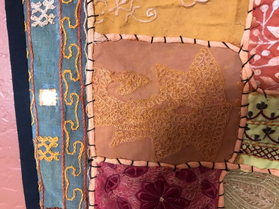 Hand Stitched Indian Crazy Quilt With Wooden Rod 24W X 36H [Photo 6]