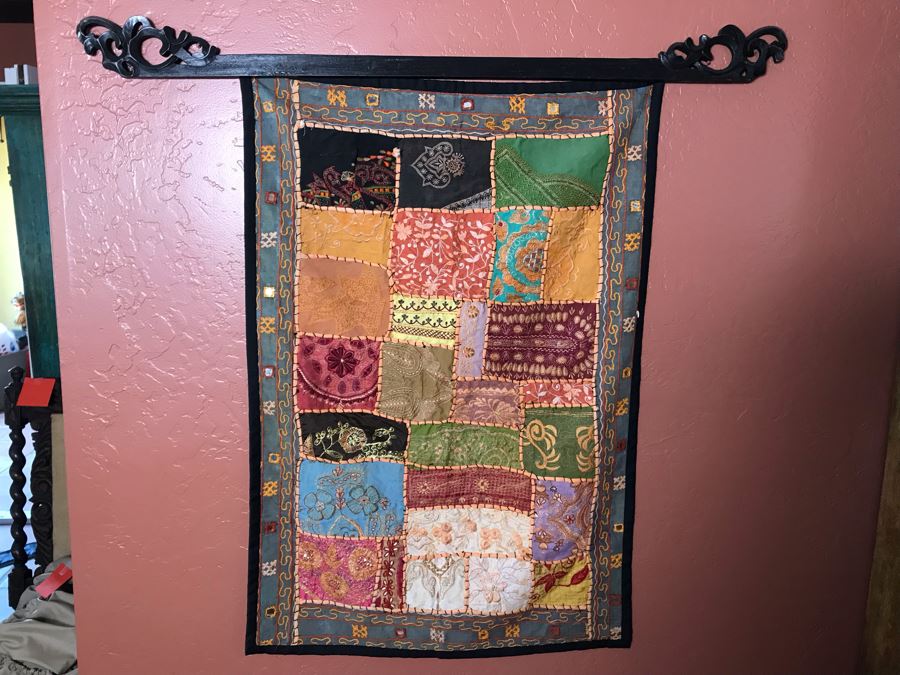 Hand Stitched Indian Crazy Quilt With Wooden Rod 24W X 36H [Photo 1]