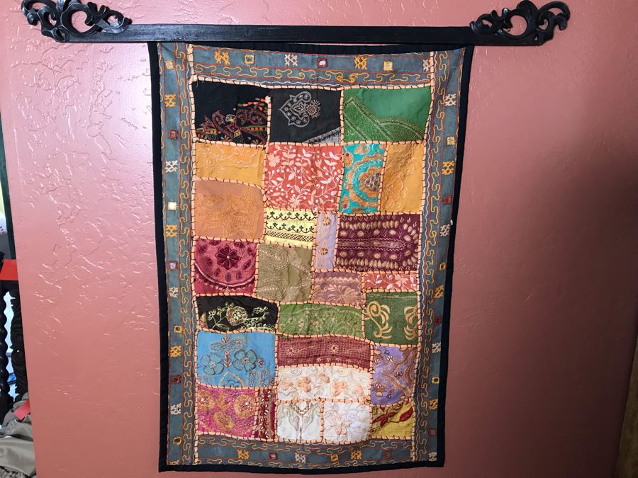 Hand Stitched Indian Crazy Quilt With Wooden Rod 24W X 36H [Photo 2]