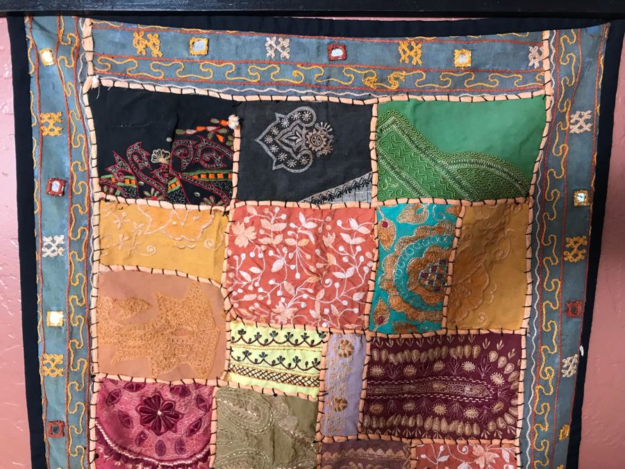 Hand Stitched Indian Crazy Quilt With Wooden Rod 24W X 36H [Photo 3]