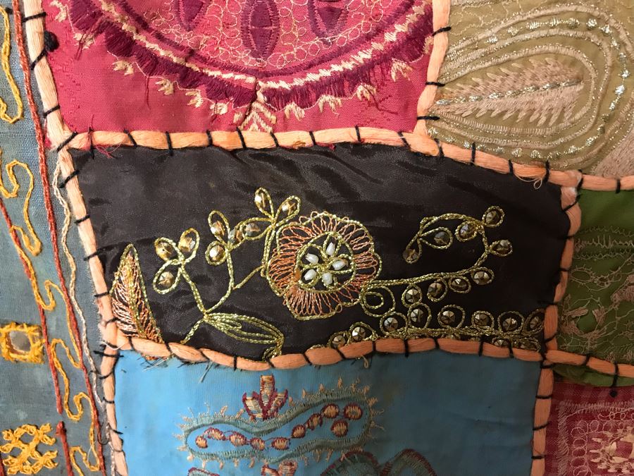 Hand Stitched Indian Crazy Quilt With Wooden Rod 24W X 36H [Photo 5]