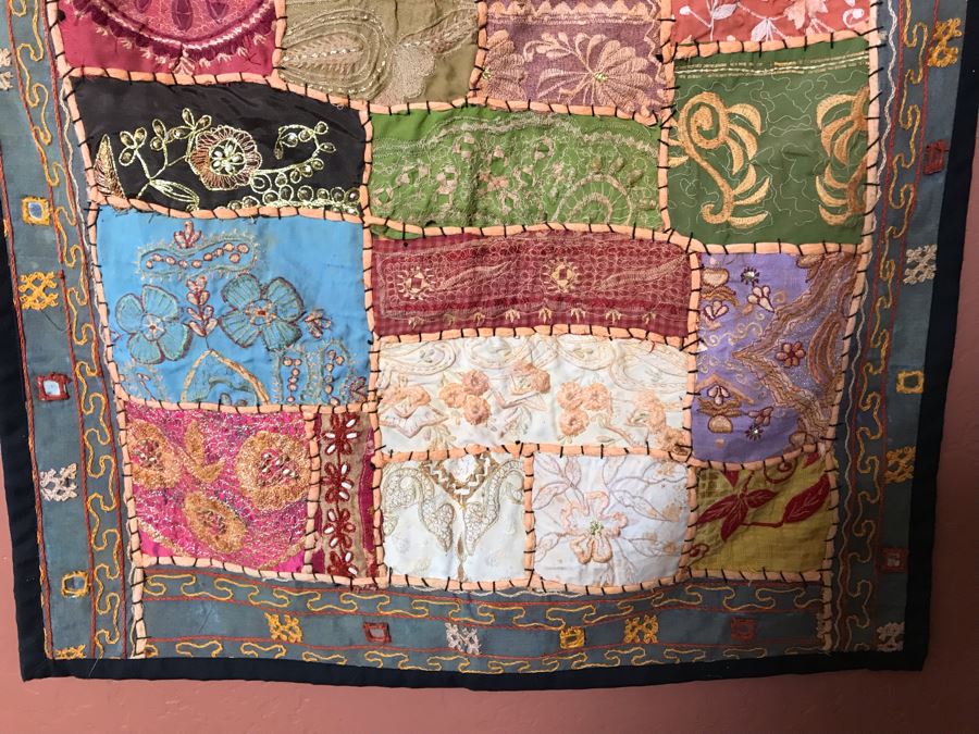 Hand Stitched Indian Crazy Quilt With Wooden Rod 24W X 36H [Photo 4]