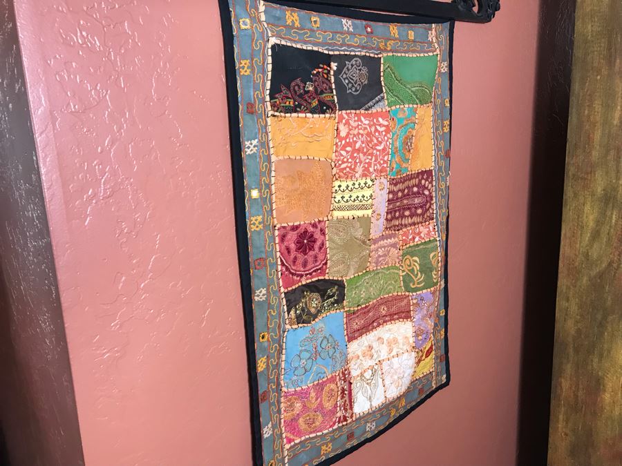Hand Stitched Indian Crazy Quilt With Wooden Rod 24W X 36H [Photo 9]