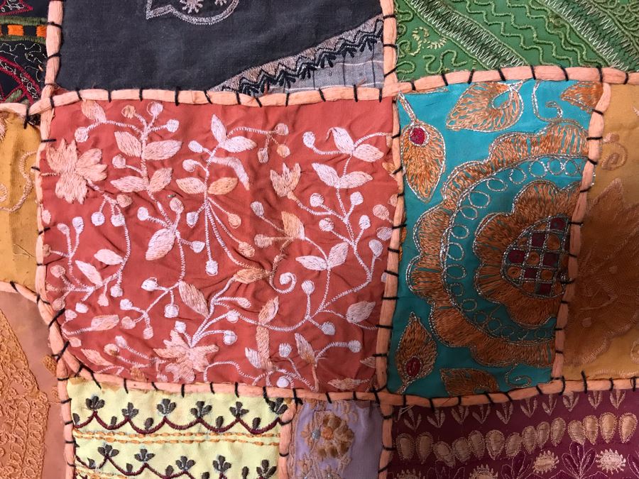 Hand Stitched Indian Crazy Quilt With Wooden Rod 24W X 36H [Photo 7]