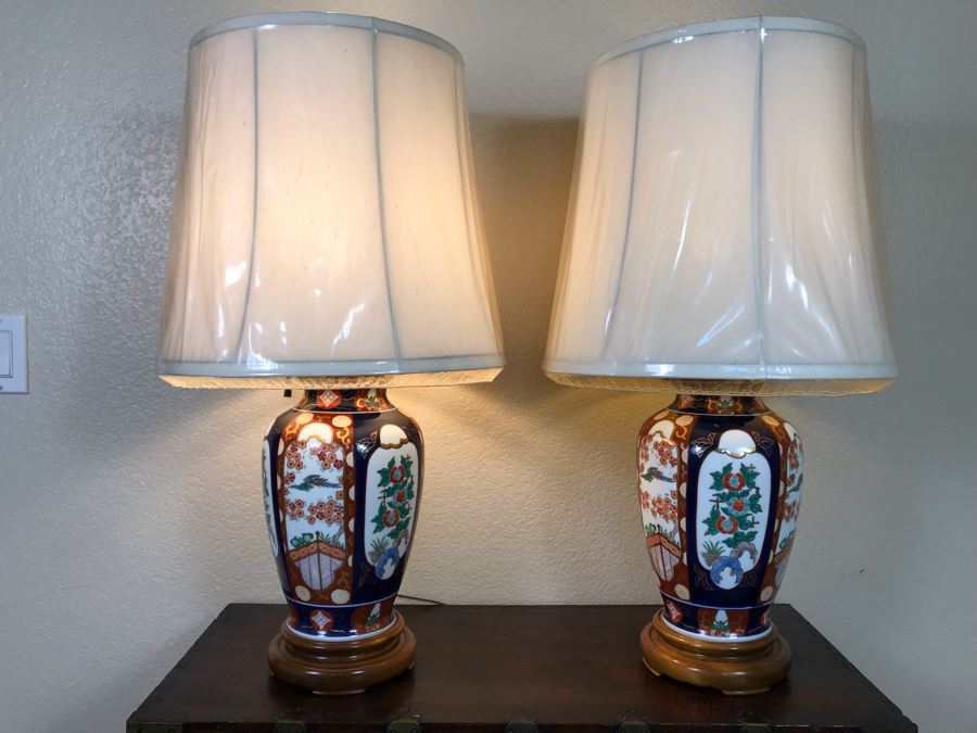 Pair Of Japanese Imari Hand Painted Porcelain Table Lamps