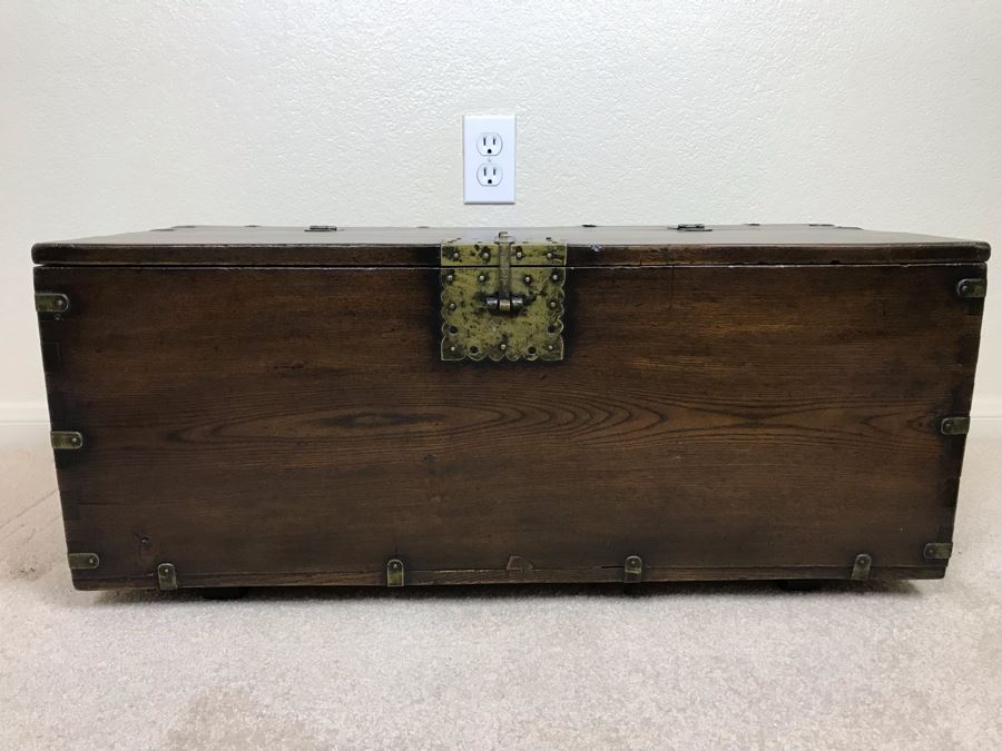 JUST ADDED - Antique Asian Chest With Brass Hardware 28W X 13D X 12H [Photo 4]