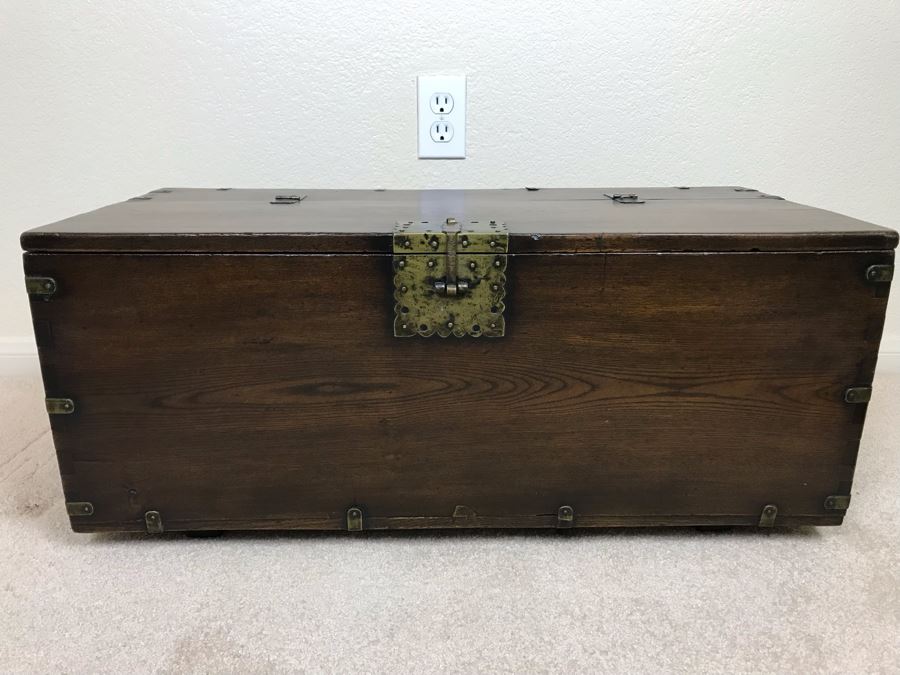 JUST ADDED - Antique Asian Chest With Brass Hardware 28W X 13D X 12H [Photo 3]