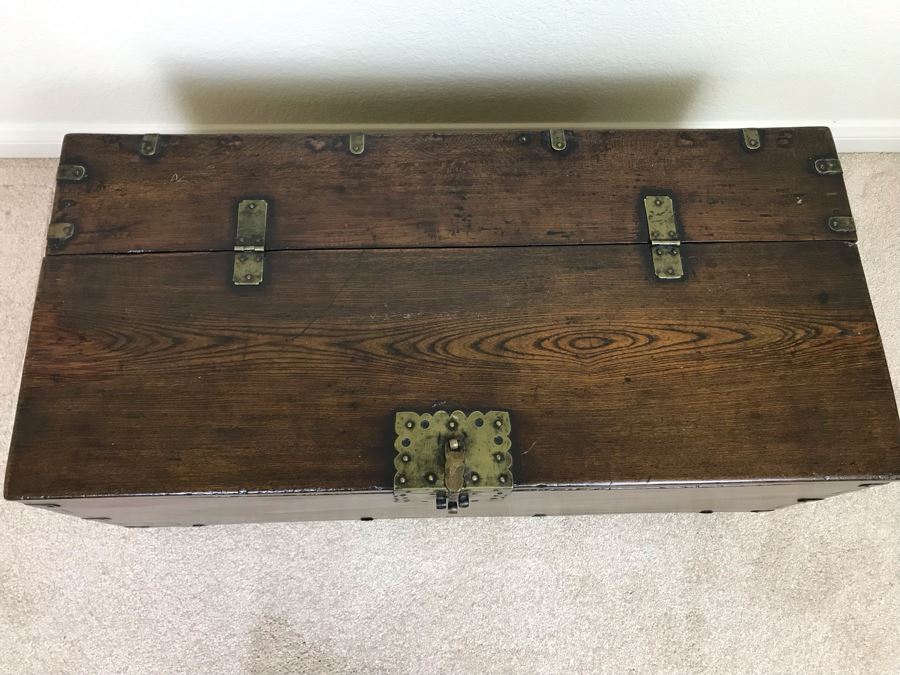 JUST ADDED - Antique Asian Chest With Brass Hardware 28W X 13D X 12H [Photo 9]