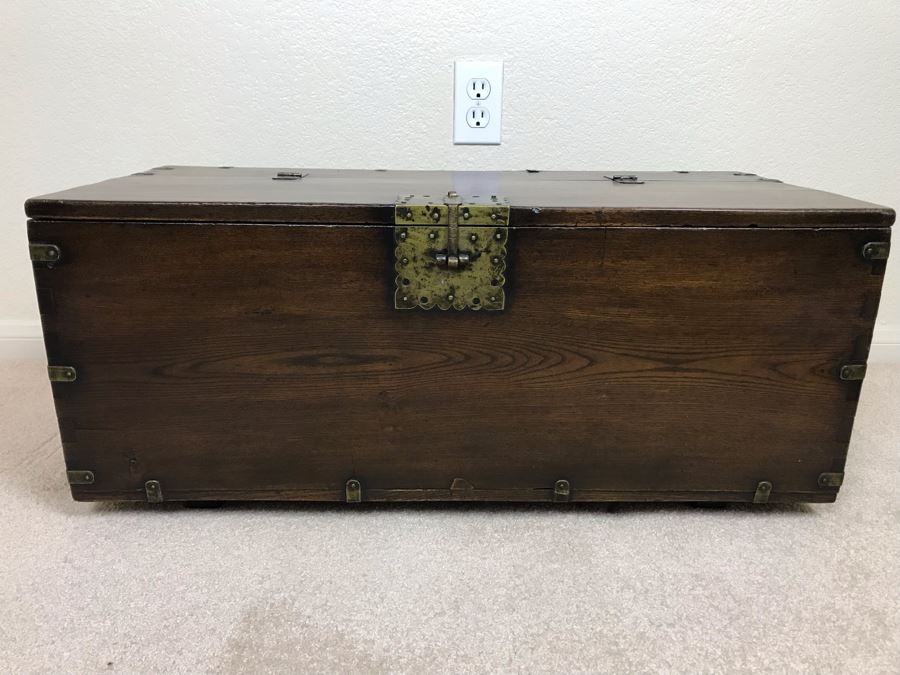 JUST ADDED - Antique Asian Chest With Brass Hardware 28W X 13D X 12H [Photo 2]