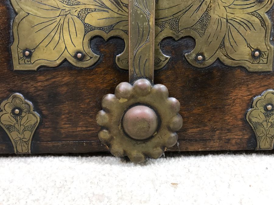 Antique Asian Wooden Chest With Chased Brass Hardware